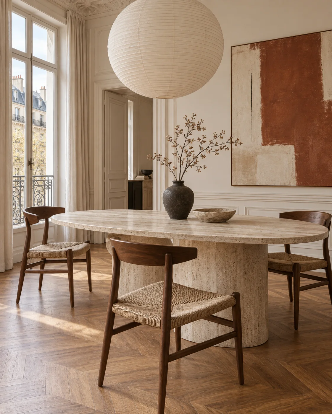 Salle à manger haussmannienne avec suspension en papier, table ovale en travertin et tableau terracotta